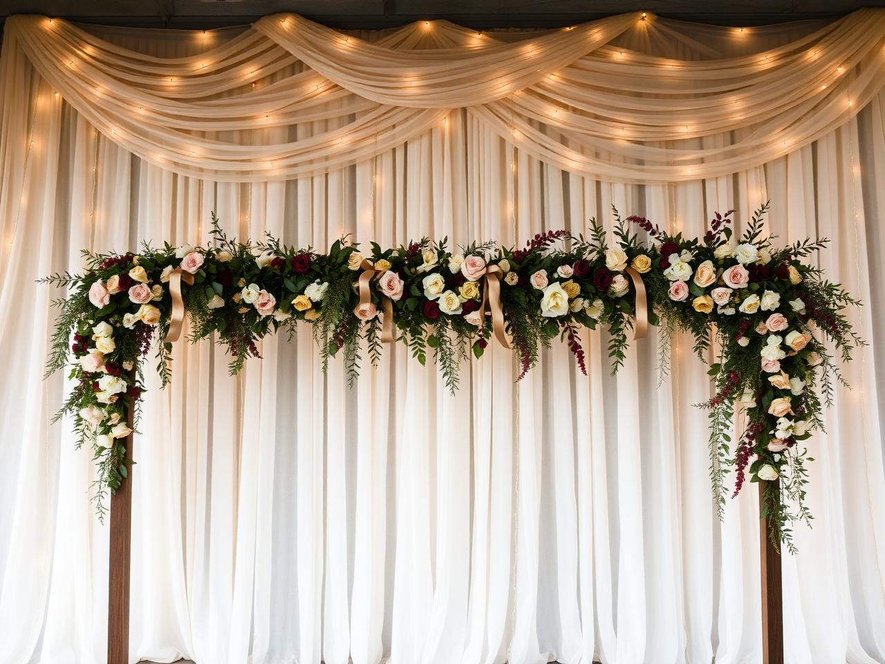 Sheer draped ceremony backdrop with warm fairy lights and cascading blush and cream florals on a wooden frame