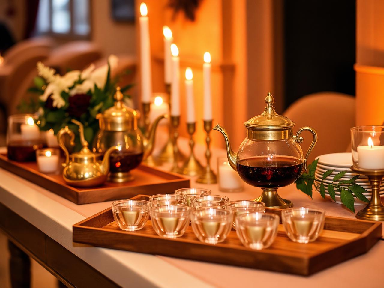 Styled chai and coffee station with brass and glass tea serveware, small cups on a runner, candlelight and greenery