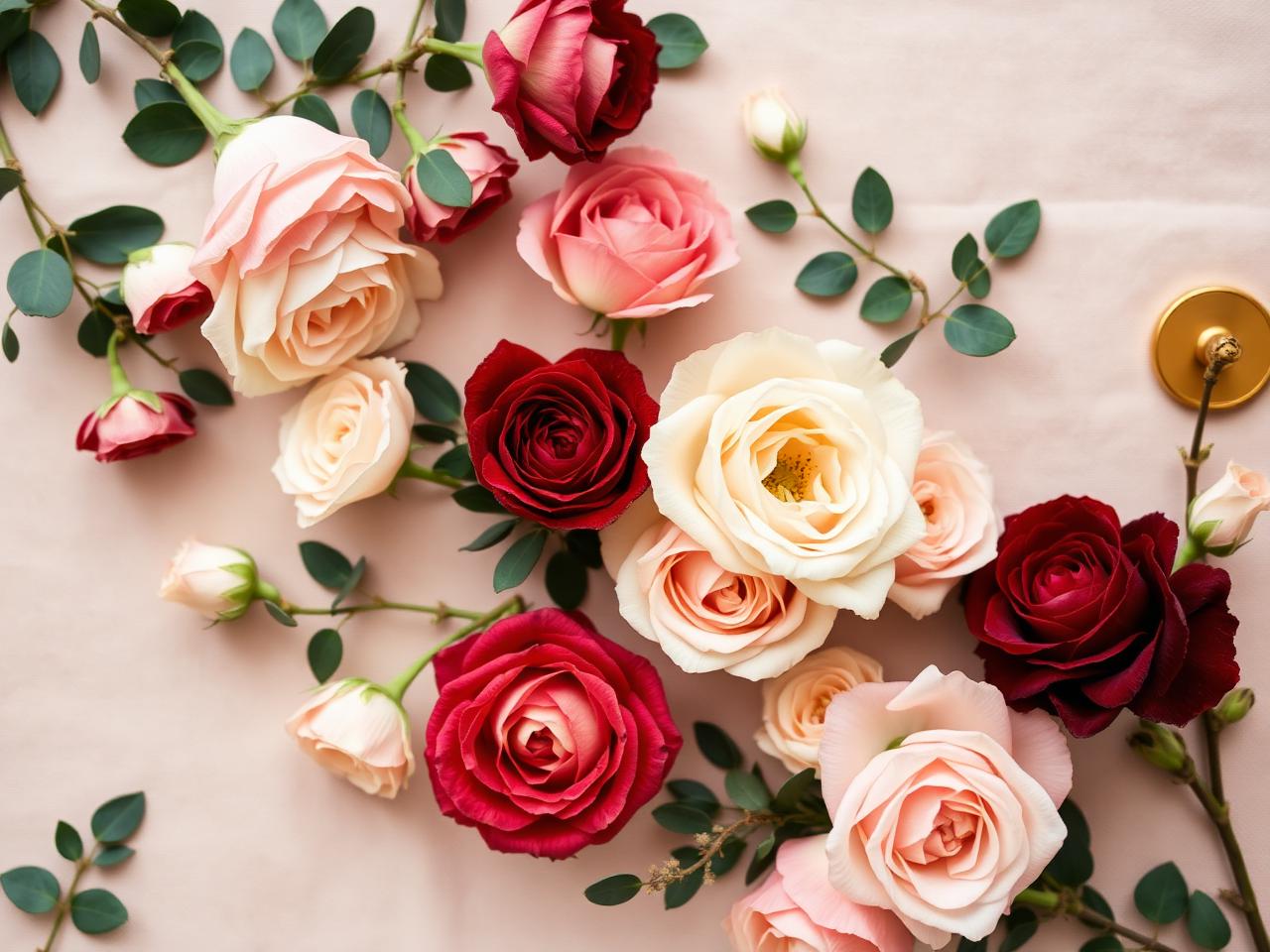 Overhead flat lay of blush, cream and burgundy roses with eucalyptus greenery, bud vases and gold accents