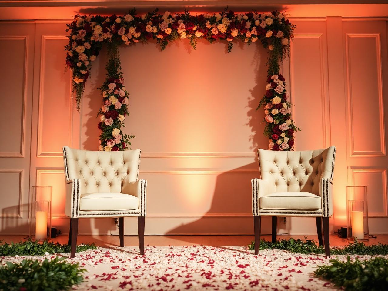 Ceremony stage with two upholstered chairs, floral-framed backdrop, petals and greenery on the floor and warm uplighting