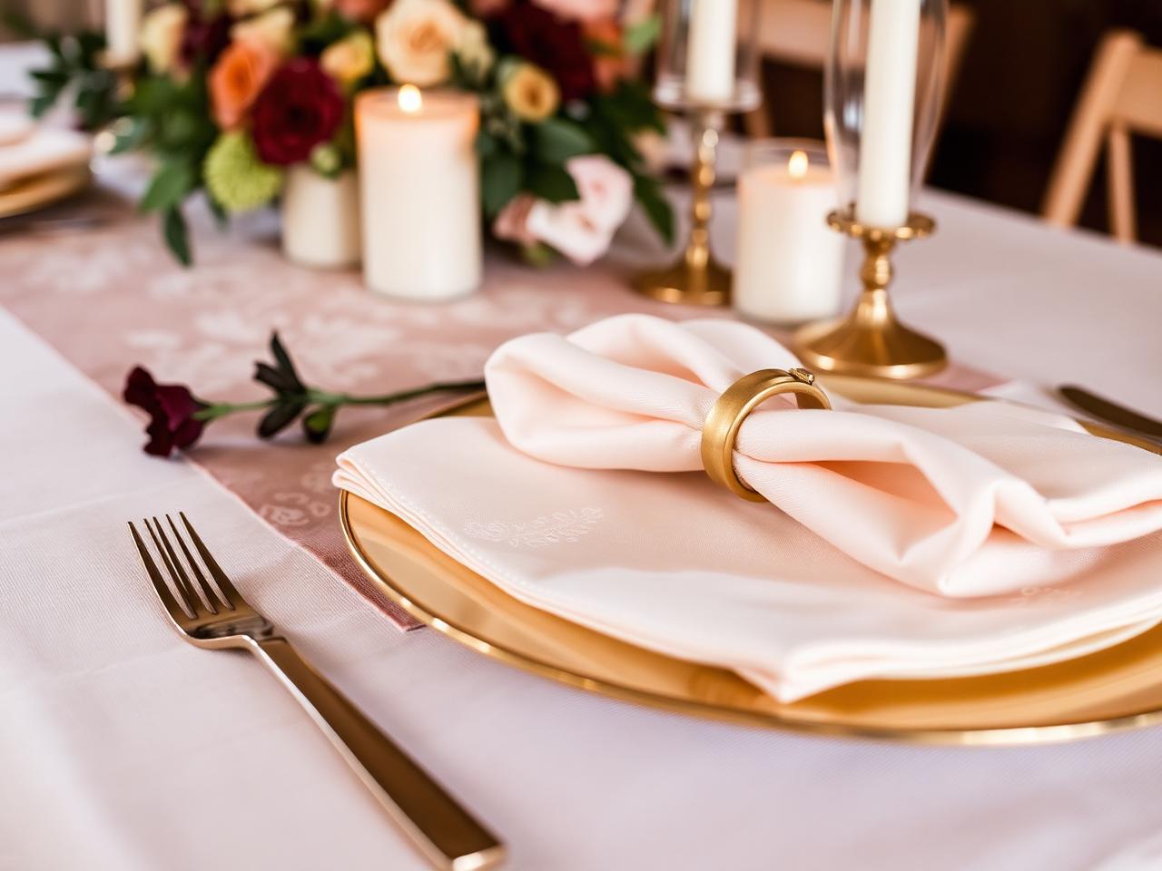 Layered place setting with ivory linen, embroidered sheer runner, gold charger, folded napkin and clustered candles